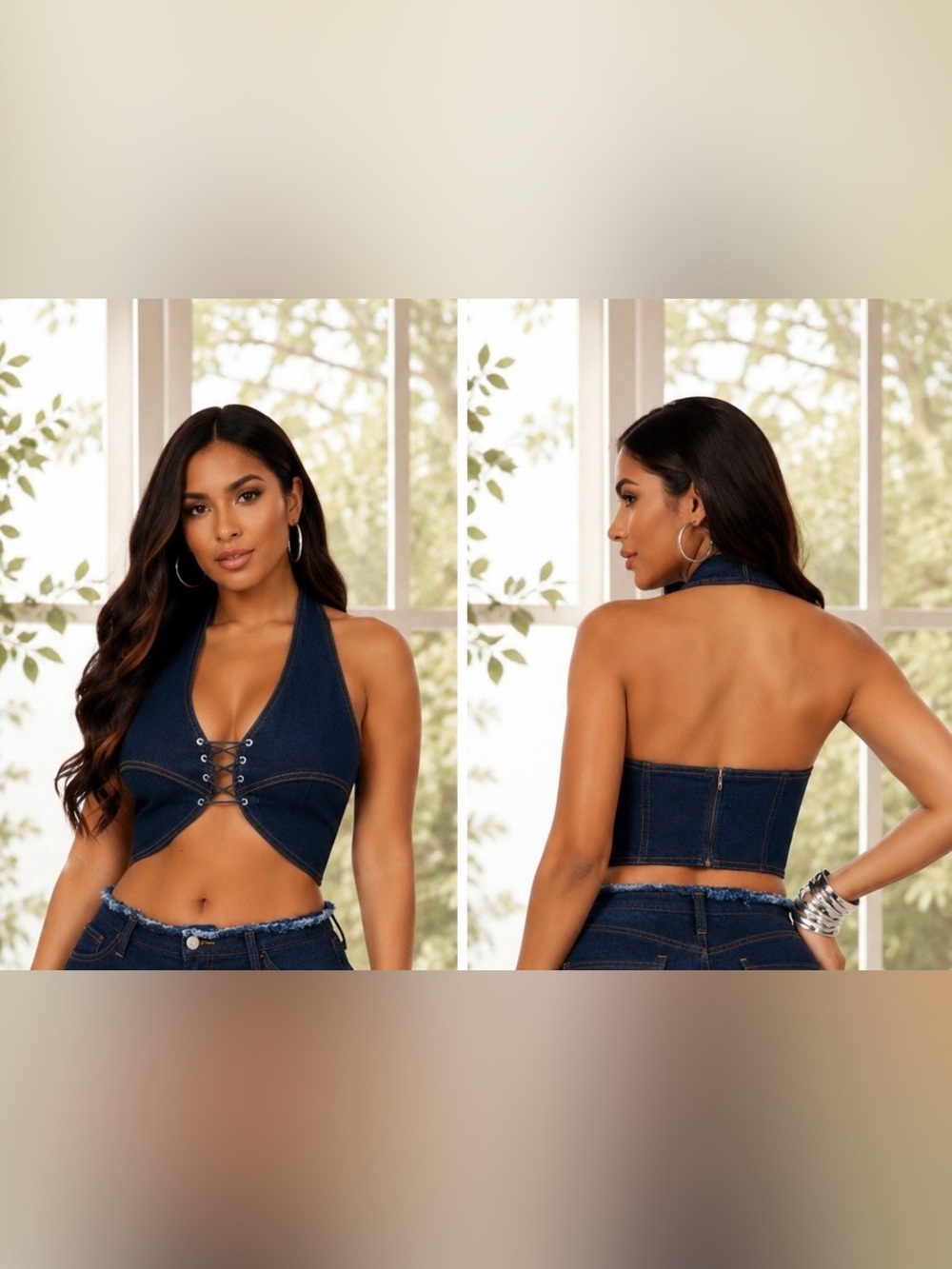 SHEIN Dark Blue Denim Halter Lace-Up Crop Top